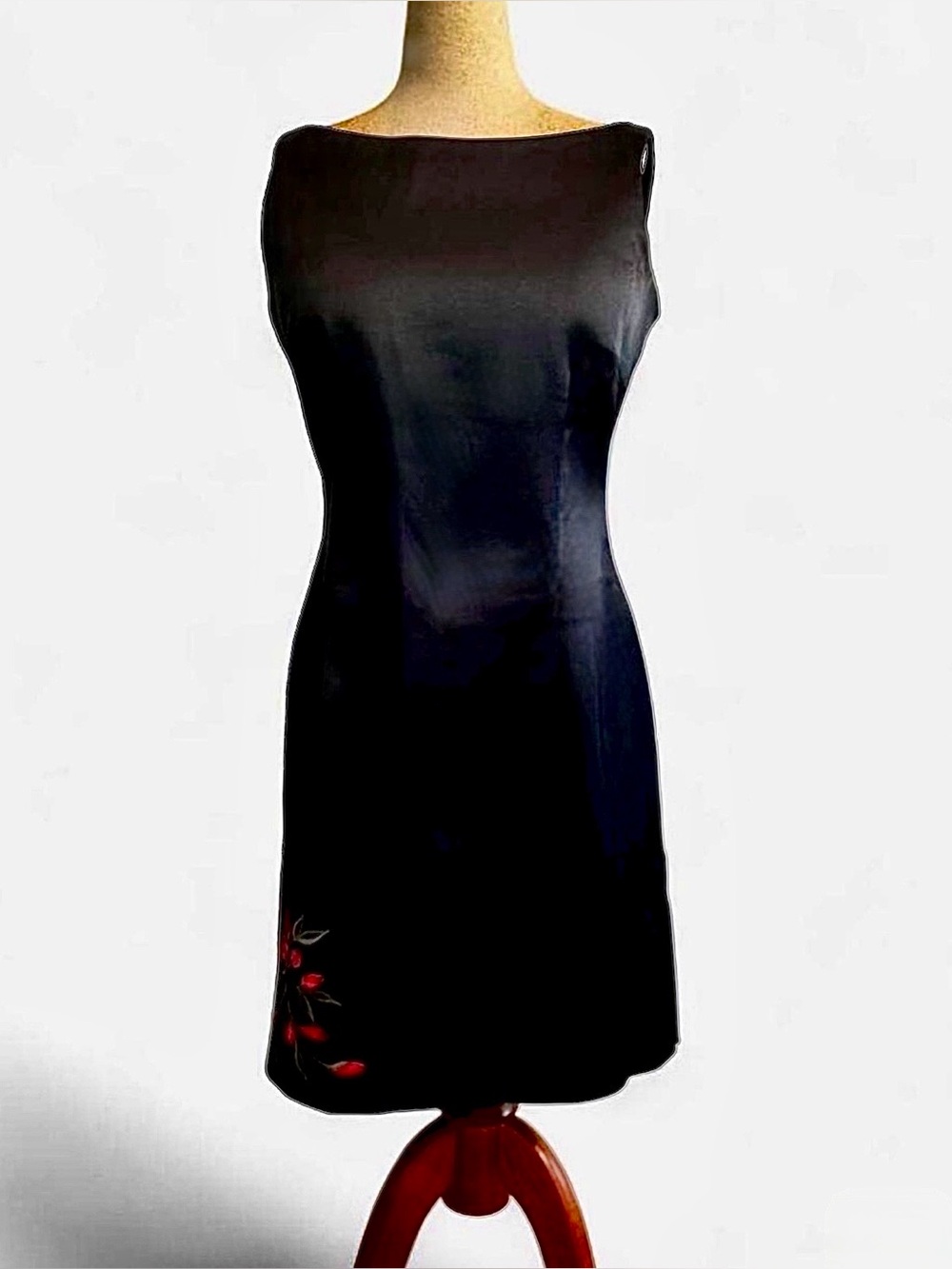 Laundry by Shelli Segal Formal Black Midi Sheath Dress Red Floral Embroidery